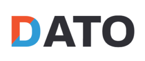 Logo mit dem Wort 'DATO' in moderner Schrift, wobei das 'D' in Halb Blau, Halb Orange ist.